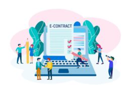 E-contract, online contract illustration. Signing a business agreement, drafting a contract, signing a contract online.